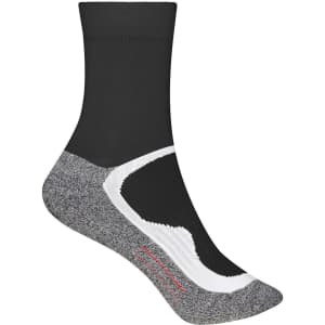 Sport socks featuring a black upper and grey sole, with a logo on the side.