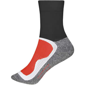 Sport socks featuring a black upper, grey lower, and red accent, with a logo on the side.
