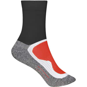 Sport socks featuring a black top, grey body, and a red accent design. Includes a logo on the side.