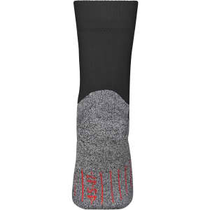 Sport socks in black with a grey toe section and red detailing, featuring a logo on the side.