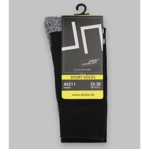 Sport socks in black with grey detailing, featuring a branded tag and hanging loop. Unisex design, size 35-38.