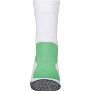 A pair of sporty socks in white with a green section and grey detailing, featuring a logo.