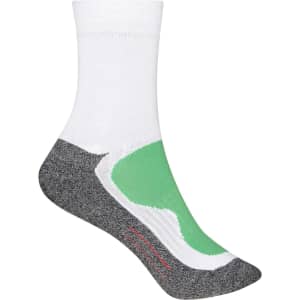 Sport socks featuring a white upper, grey lower section, and green accent. Includes a logo on the design.