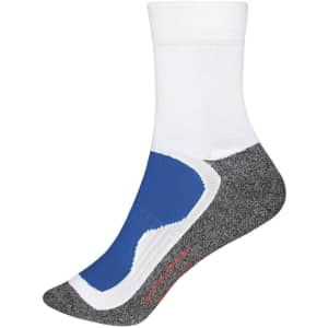 Sport socks featuring a white upper, grey body, and blue detailing, designed for athletic use. Includes a logo.