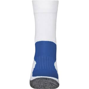 A pair of sports socks featuring a blue and white design with a textured grey sole and branding.