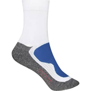Sport socks featuring a white upper and a grey and blue patterned lower section. The design includes a logo.