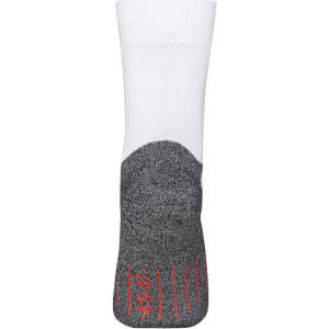 Sport socks with a white top section and a grey foot, featuring red accents. Includes a logo.