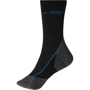 Black socks with grey accents and a blue logo, designed for workwear use.