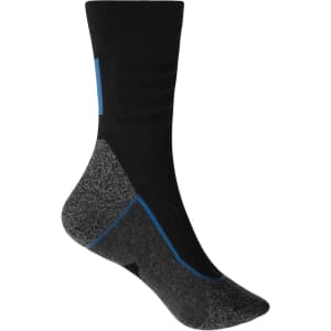 A pair of black and grey worker socks with a blue accent, featuring a logo on the side.