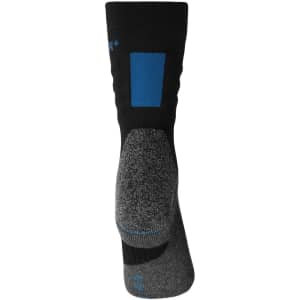 A pair of black and grey work socks featuring a blue accent and branding.