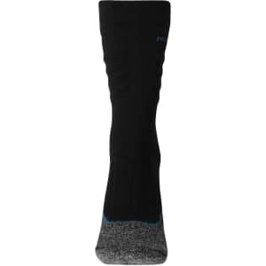 Black and grey work socks with a logo, featuring a ribbed design and a cushioned sole.