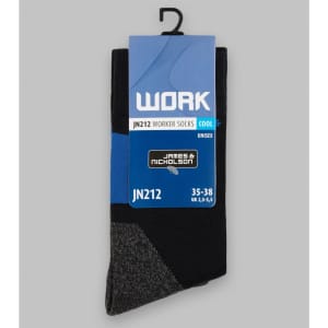 A pair of black and blue worker socks with grey accents, packaged with a brand label.
