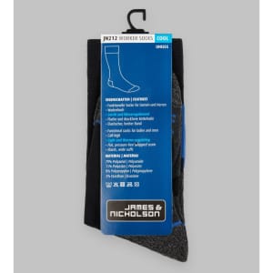 A pack of "Worker Socks Cool" in black and grey, featuring a blue accent and a hanging display tag with a logo.
