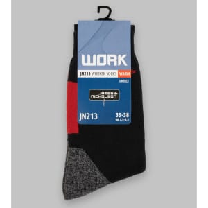 Worker socks in black with red and grey accents, featuring a hanging tag with branding.