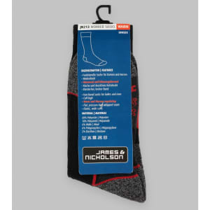 A pair of warm, unisex worker socks in black and grey with red accents, featuring a branding label.