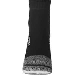 A pair of black sports sneaker socks with grey accents and a logo on the side.