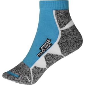 A pair of sport sneaker socks featuring a blue and white design with grey accents and a logo.