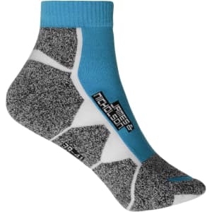 Sport sneaker socks featuring a grey and blue design with a logo, ideal for athletic wear.