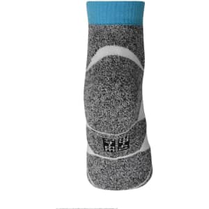 Sport sneaker socks in grey with a blue cuff and white accents, featuring a logo on the side.