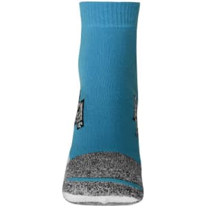 A pair of sport sneaker socks in blue with grey detailing and a logo on the side.