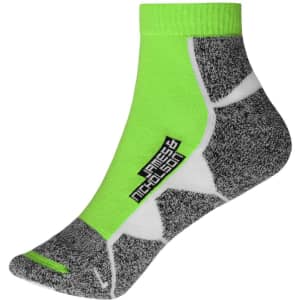 A pair of sport sneaker socks featuring a bright green top and grey patterned material, with a logo on the side.