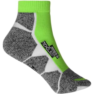 A pair of sporty ankle socks in grey and bright green, featuring a logo and a unique design.