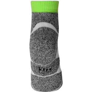 Sport sneaker socks in grey with a vibrant green cuff, featuring a logo on the sole.