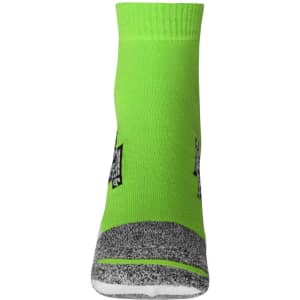 A bright green sport sneaker sock featuring a grey patterned sole and a logo.