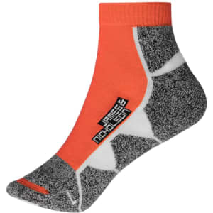 Sport sneaker socks featuring an orange and grey design with a logo. Mid-calf style suitable for athletic wear.