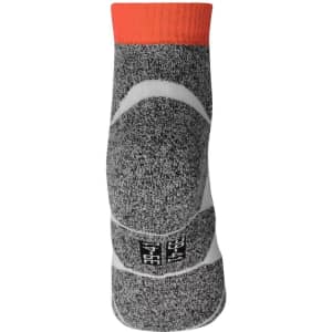 A pair of sport sneaker socks in grey with an orange top band, featuring a logo on the side.