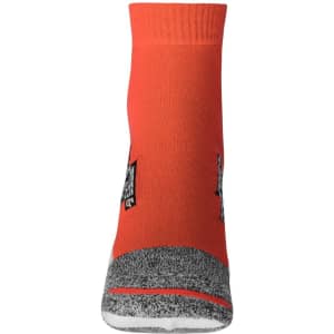 A pair of orange sport sneaker socks with grey accents and a logo design near the top.