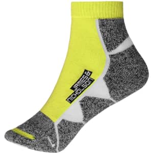 A pair of ankle-length socks featuring vibrant yellow and grey colours, with a logo on the side.