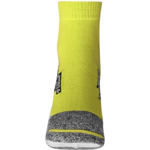 Sport sneaker socks featuring a bright yellow design with grey accents and a logo. Ideal for athletic wear.