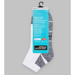 Sport sneaker socks in white with black and grey accents, featuring branding and designed for comfort and performance.