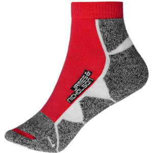 Sport sneaker socks in red and grey, featuring a patterned design and a logo on the side.