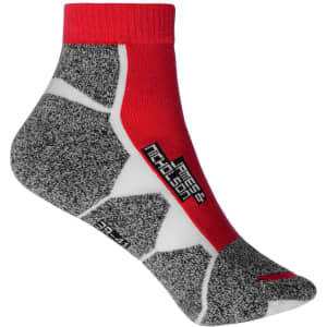 Sport sneaker socks in grey with red accents, featuring a branded logo on the side.