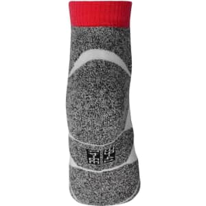 A pair of grey sport sneaker socks with a red cuff, featuring a logo on the side.