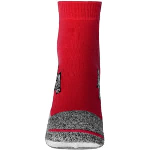 A pair of sport sneaker socks featuring a red upper and grey patterned ankle section. The socks have a logo.