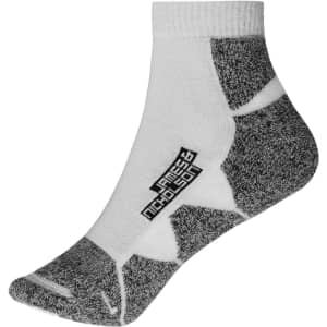 A pair of sport sneaker socks featuring a white and grey design with a logo on the side.
