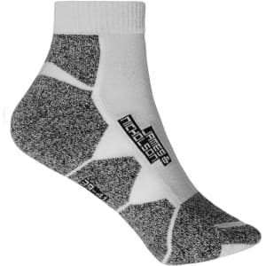 Sport sneaker socks in white and grey with a textured design and branding. Suitable for athletic wear.