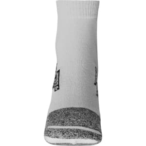 A pair of white sport sneaker socks featuring grey grips on the soles and a logo on the side.