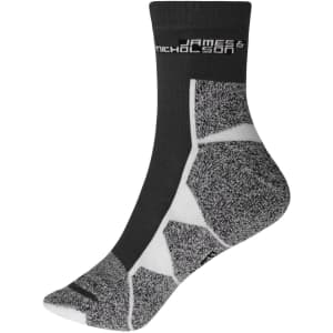 Sport socks in grey and black with a textured design and a logo at the top.