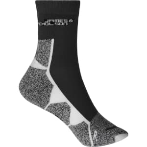Sport socks featuring a black design with grey accents and a logo on the upper section.