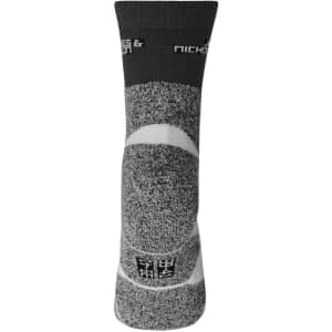 A pair of grey sports socks featuring a branding logo at the cuff and a textured design throughout.