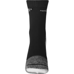 Black sports socks with a grey toe and heel, featuring a logo on the upper part.