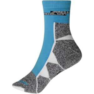 Sport socks in light blue and grey with a patterned design and a logo at the top. Suitable for sports uniforms.