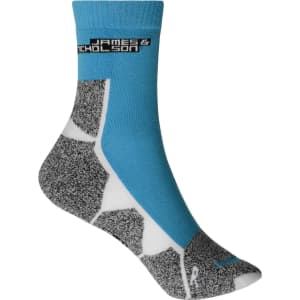 Sport socks featuring a blue, grey, and white design with a logo at the top.