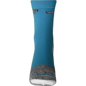 A pair of blue sports socks with grey accents and a logo at the top.