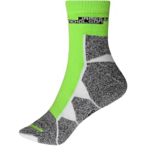 Bright green sports sock with grey detailing and a logo at the top. Designed for athletic use.