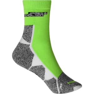 Sport socks in vibrant green and grey, featuring a textured pattern and a logo on the cuff.